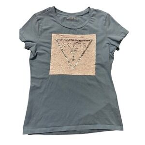 Guess Los Angeles T-Shirt Dusty Blue Sequin Triangle Logo Womens Large‎ Crewneck